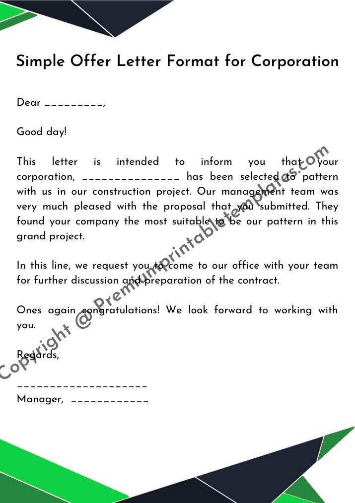 Offer Letter Format For Corporation Printable Template In Pdf Word