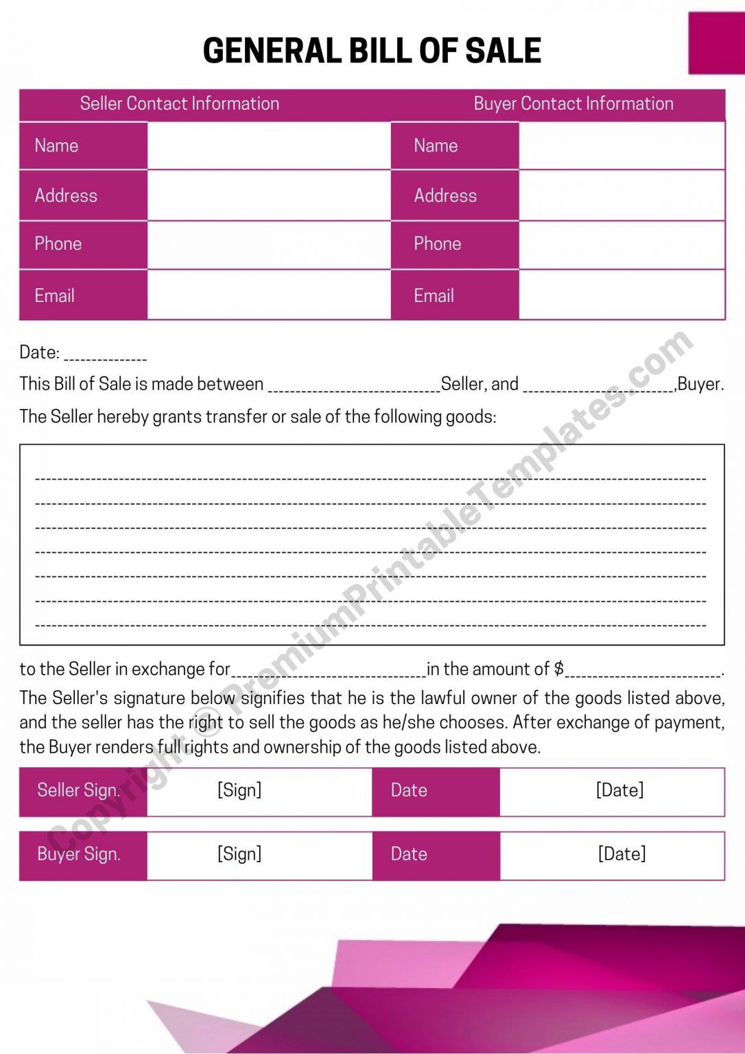 general bill of sale editable format pack of 5