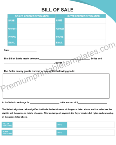 Trailer Bill of Sale | Bill of Sale Templates | Premium Printable Templates