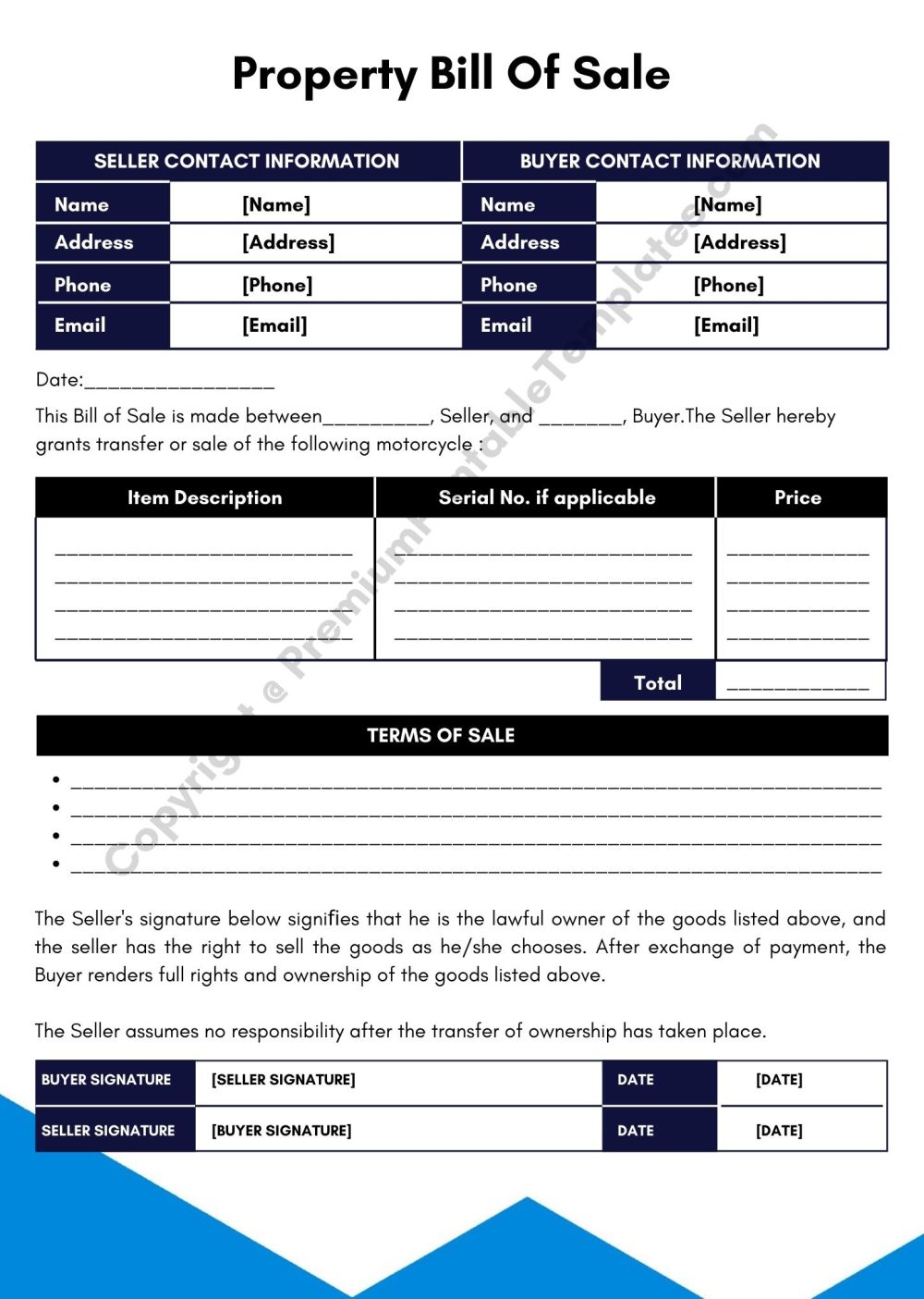 Printable Property Bill Of Sale