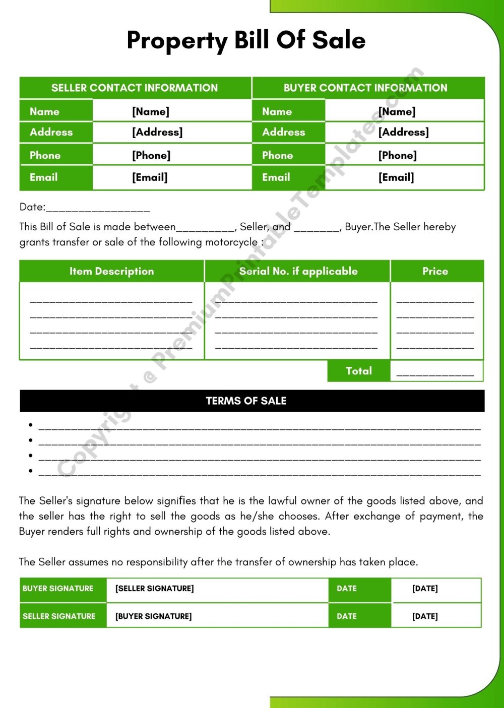 Property Bill Of Sale Template