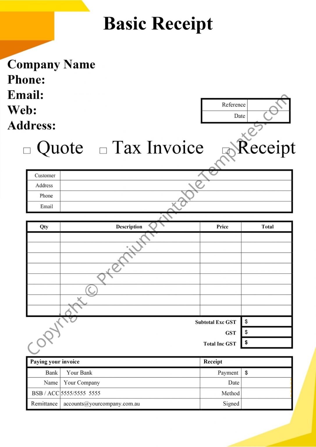 basic receipt template pack of 5 premium printable