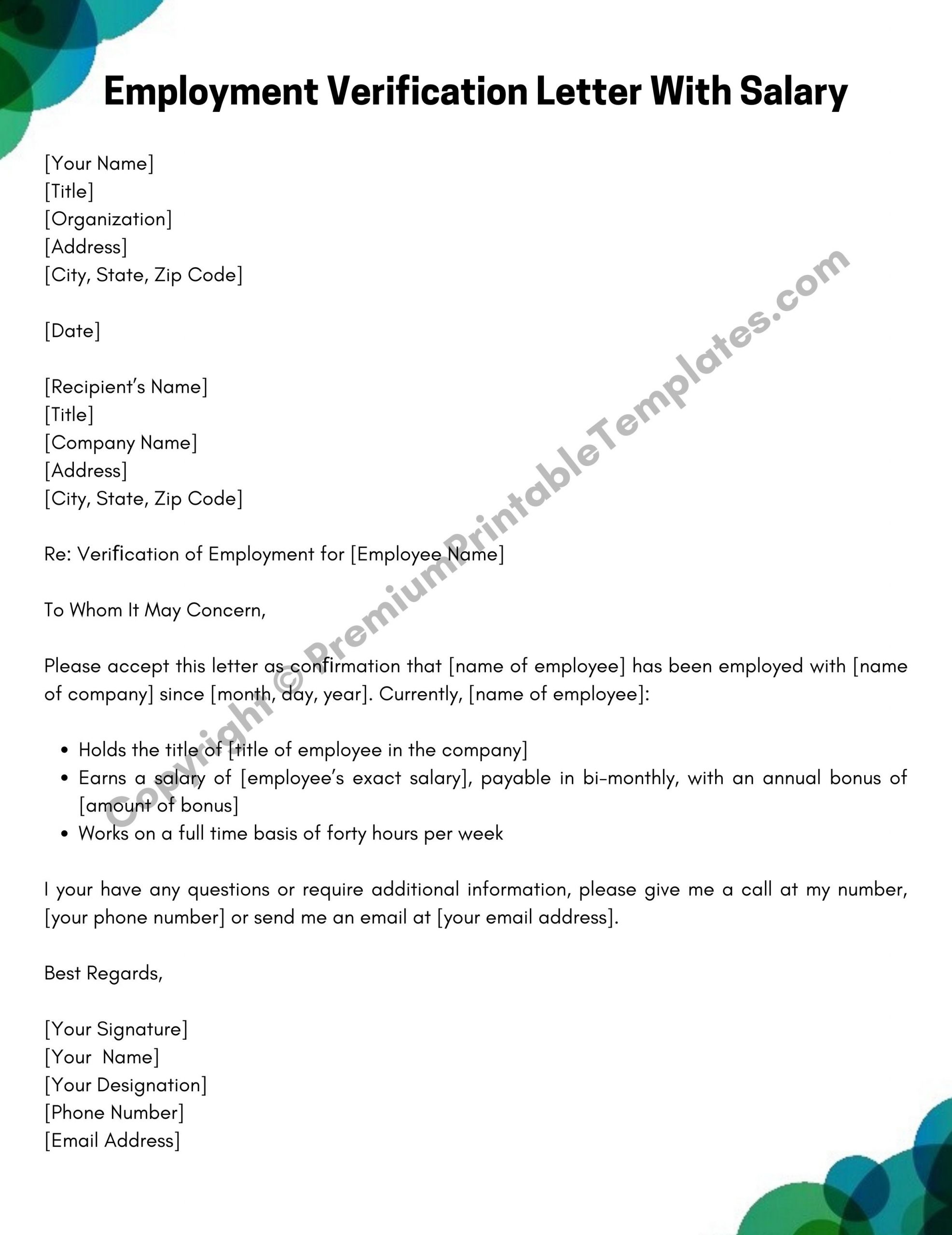 employment verification letter with salary pack of 5