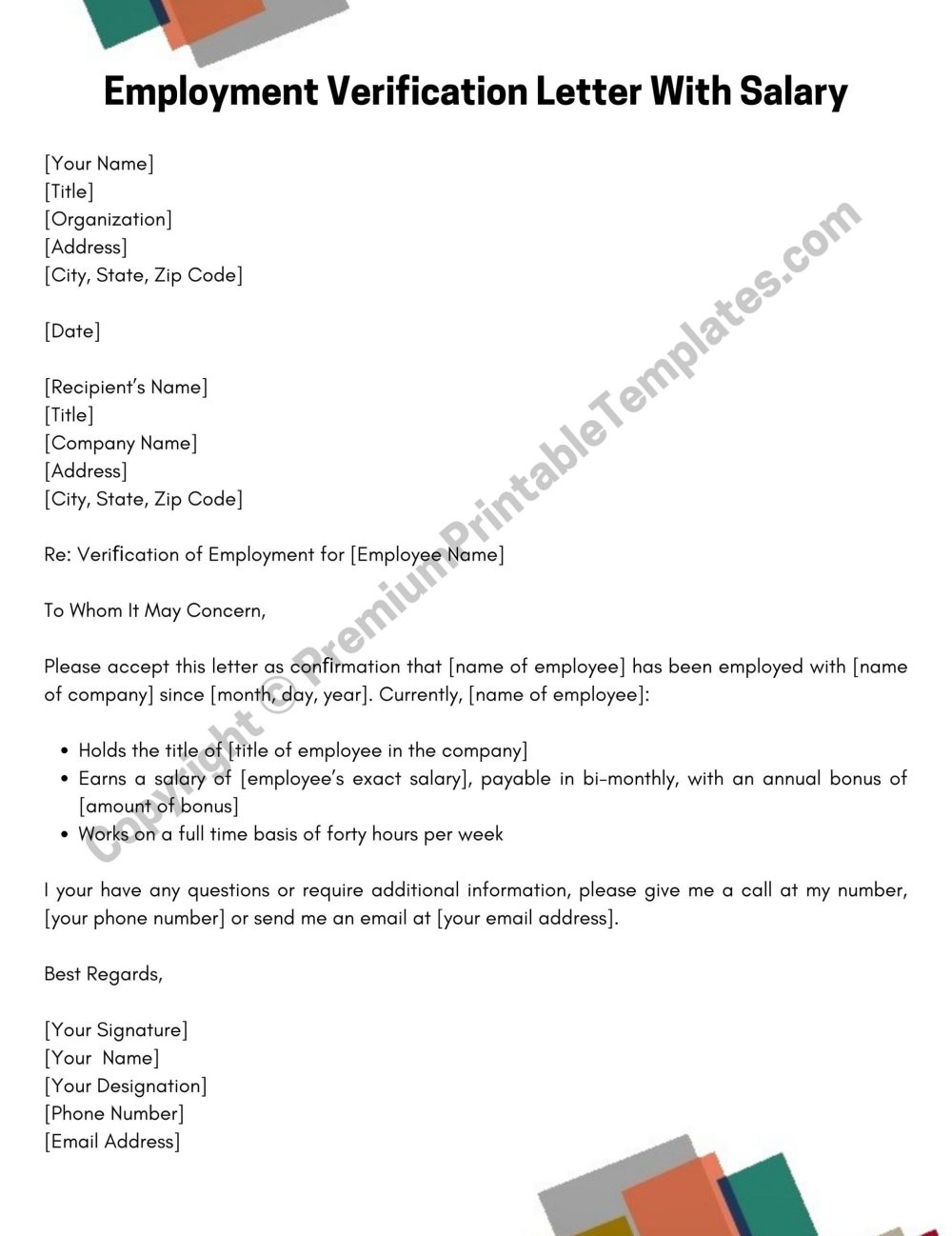 Employment Veriﬁcation Letter With Salary Template