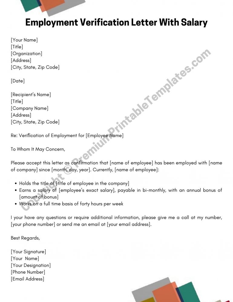 Employment Veriﬁcation Letter With Salary Template