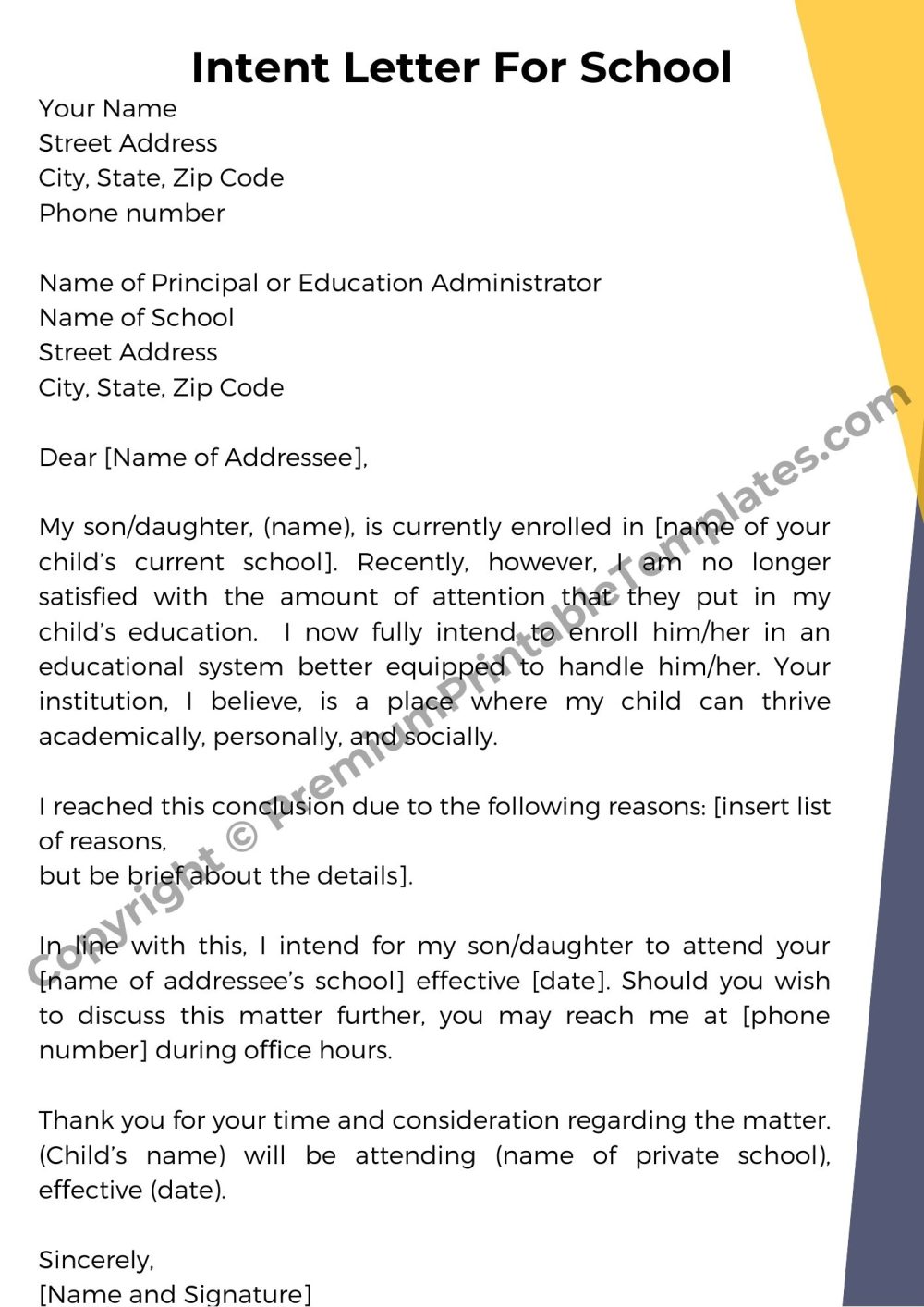 Intent Letter For School