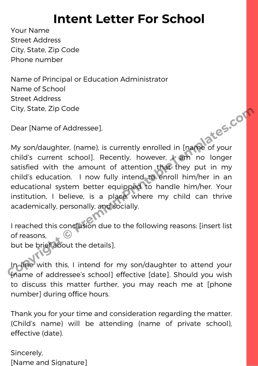 Intent Letter For School Template