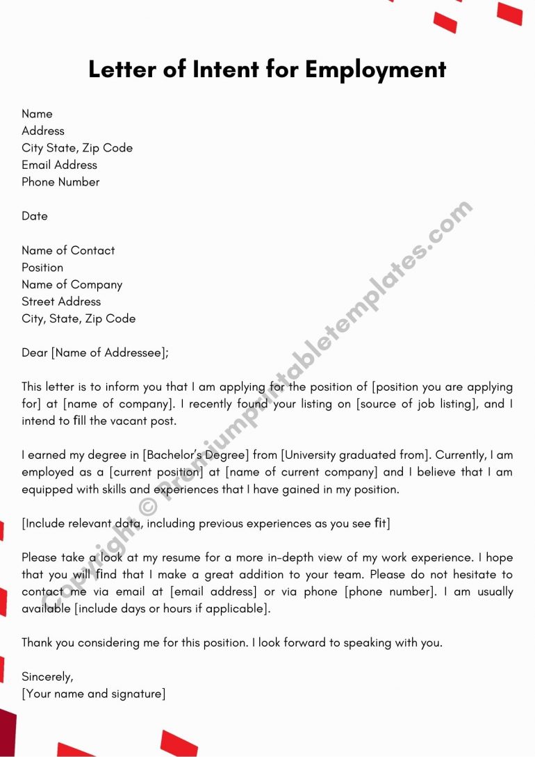 Intent letter for employment