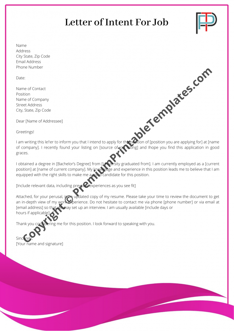 Letter of Intent for a Job | Editable Template [Pack of 5] in PDF and Word