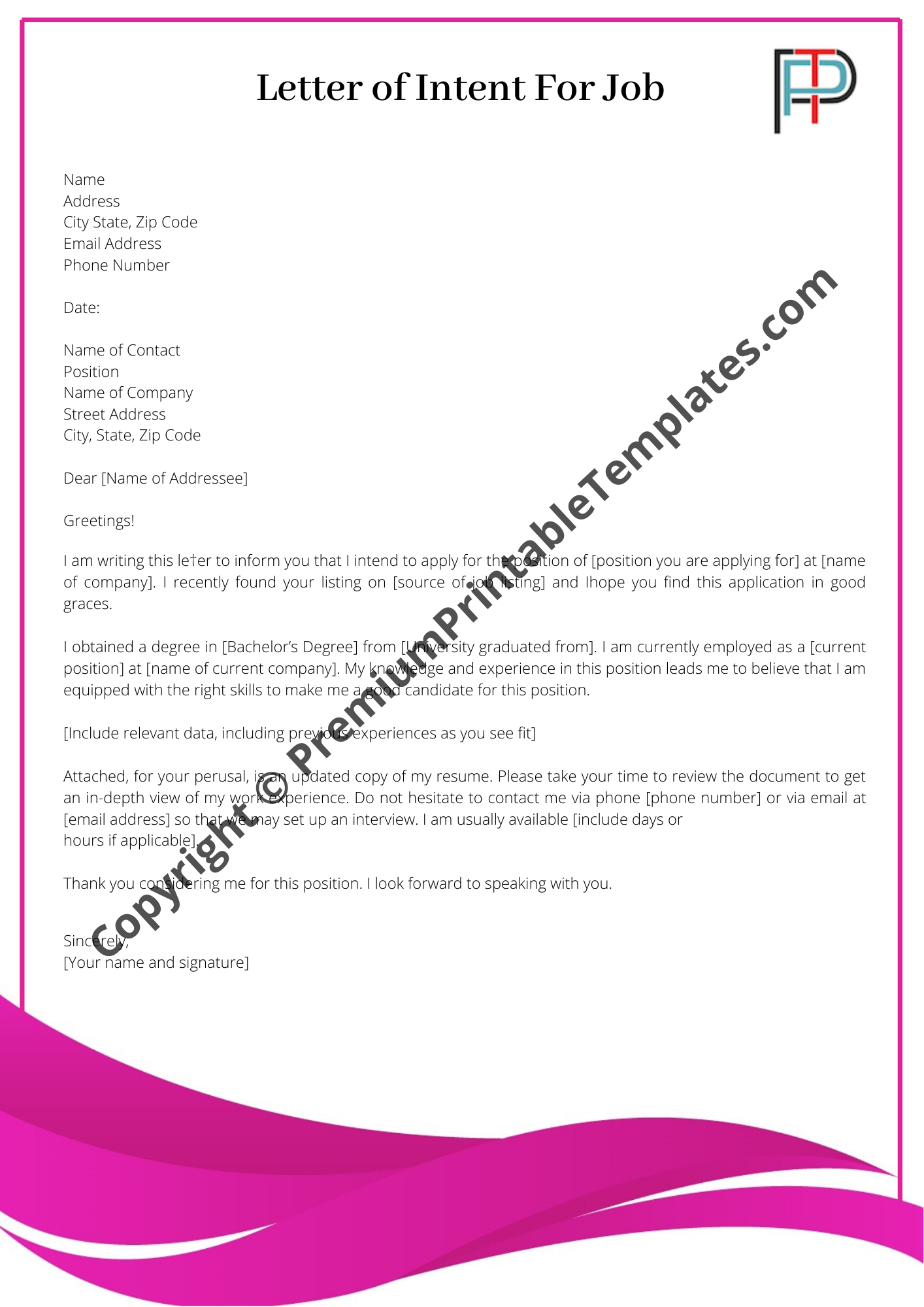 Letter Of Intent For A Job Editable Template Pack Of 5 In PDF And Word