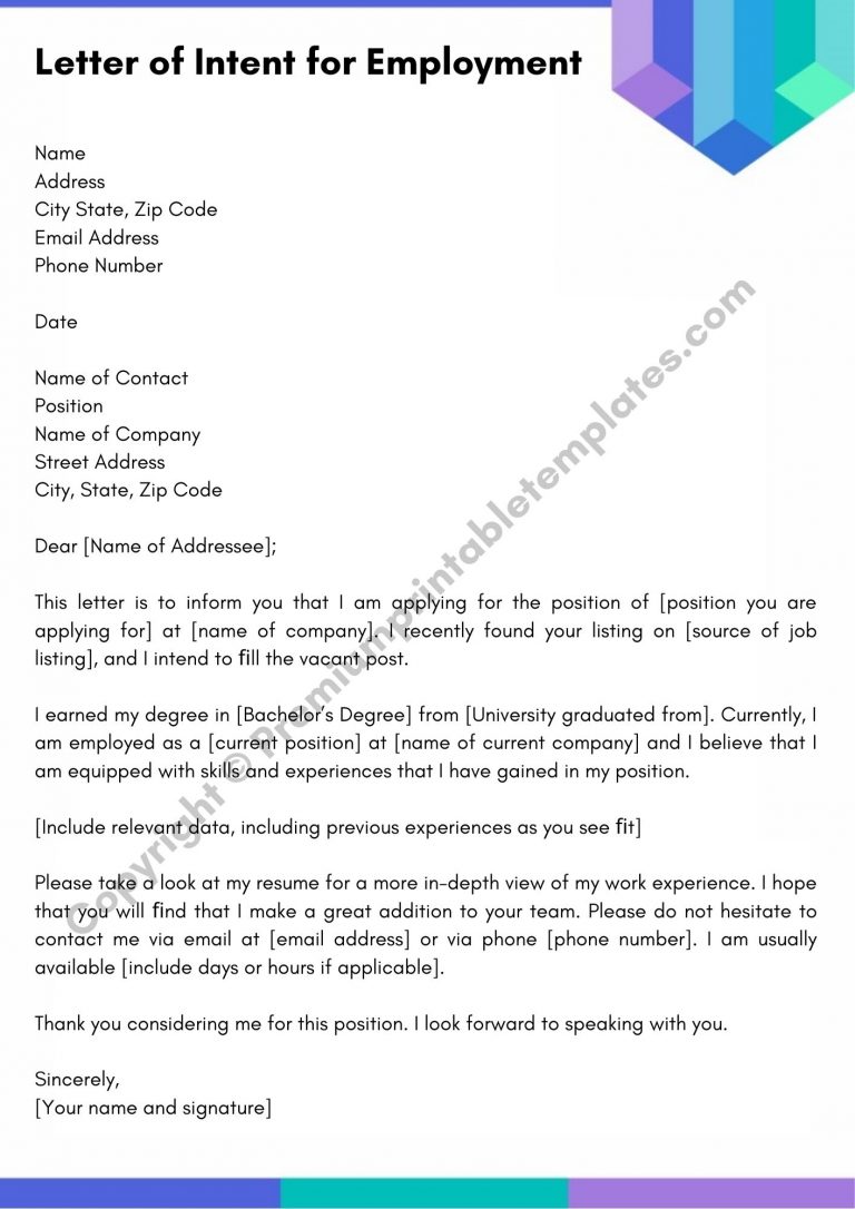 Letter Of Intent For Employment Letter Of Intent Pack Of 5 Premium Printable Templates