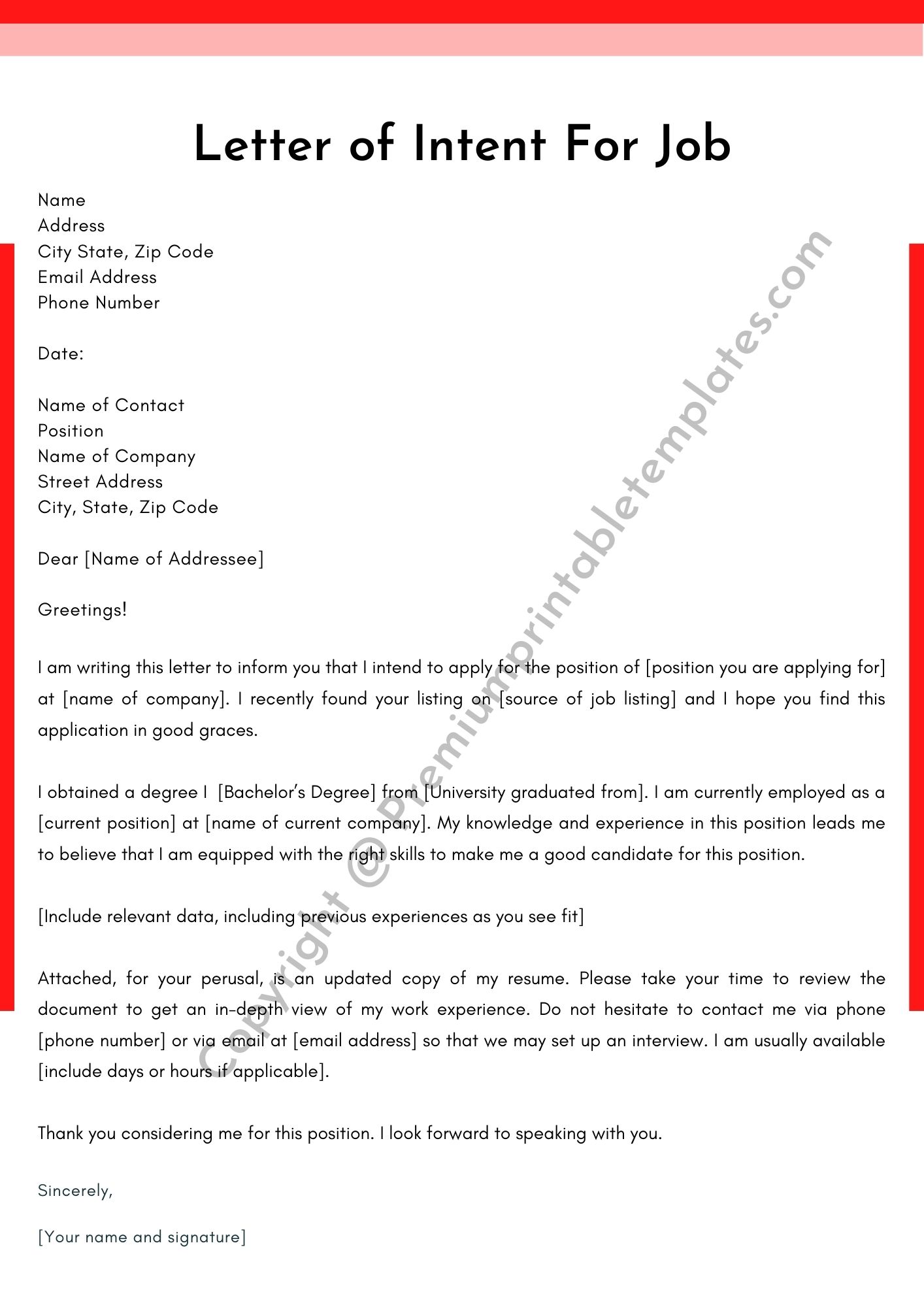 how to write a job application letter of intent