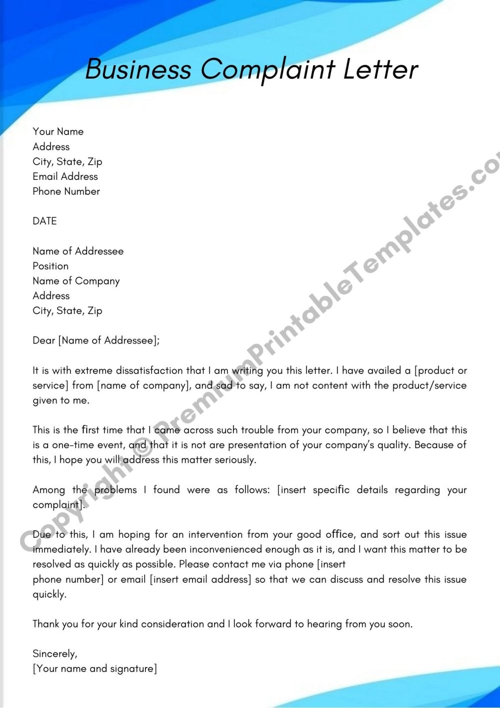 Printable Business Complaint Letter