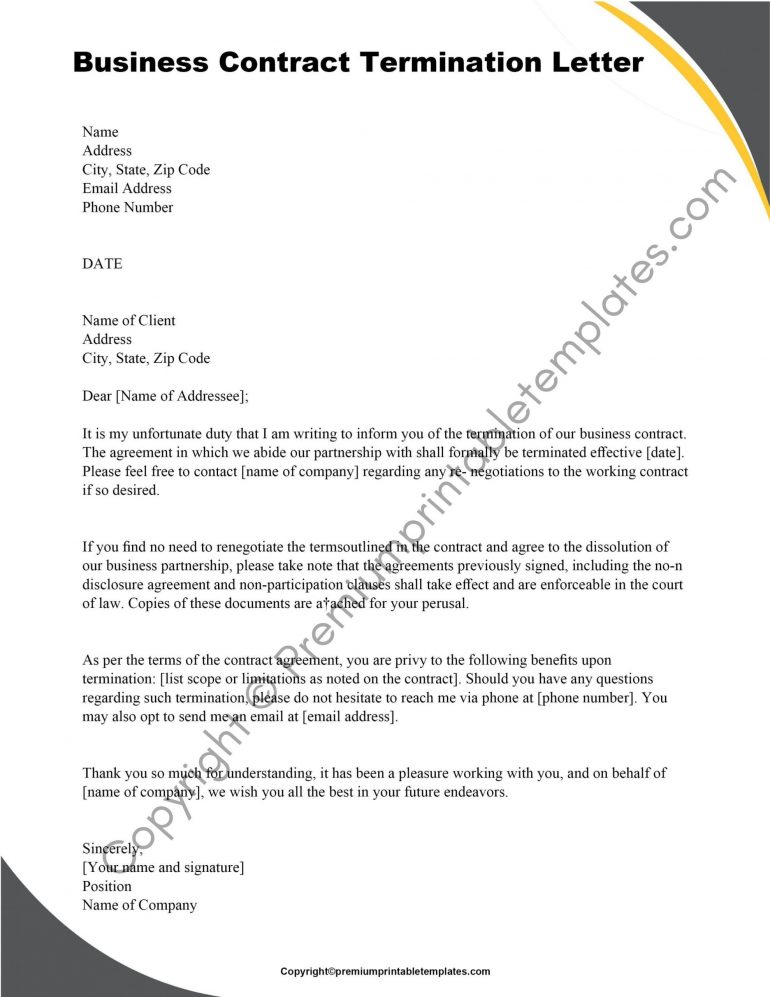 Printable Business Contract Termination Letter