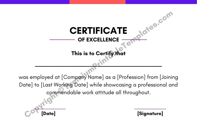 Printable Certificate of Excellence
