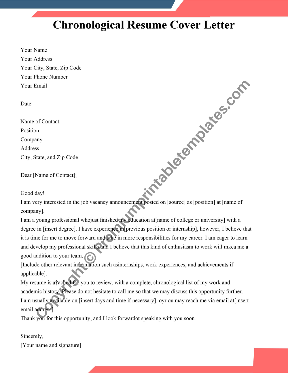 Printable Chronological Resume Cover Letter