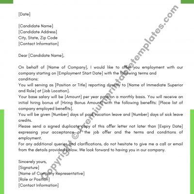 Printable Company Offer Letter Template