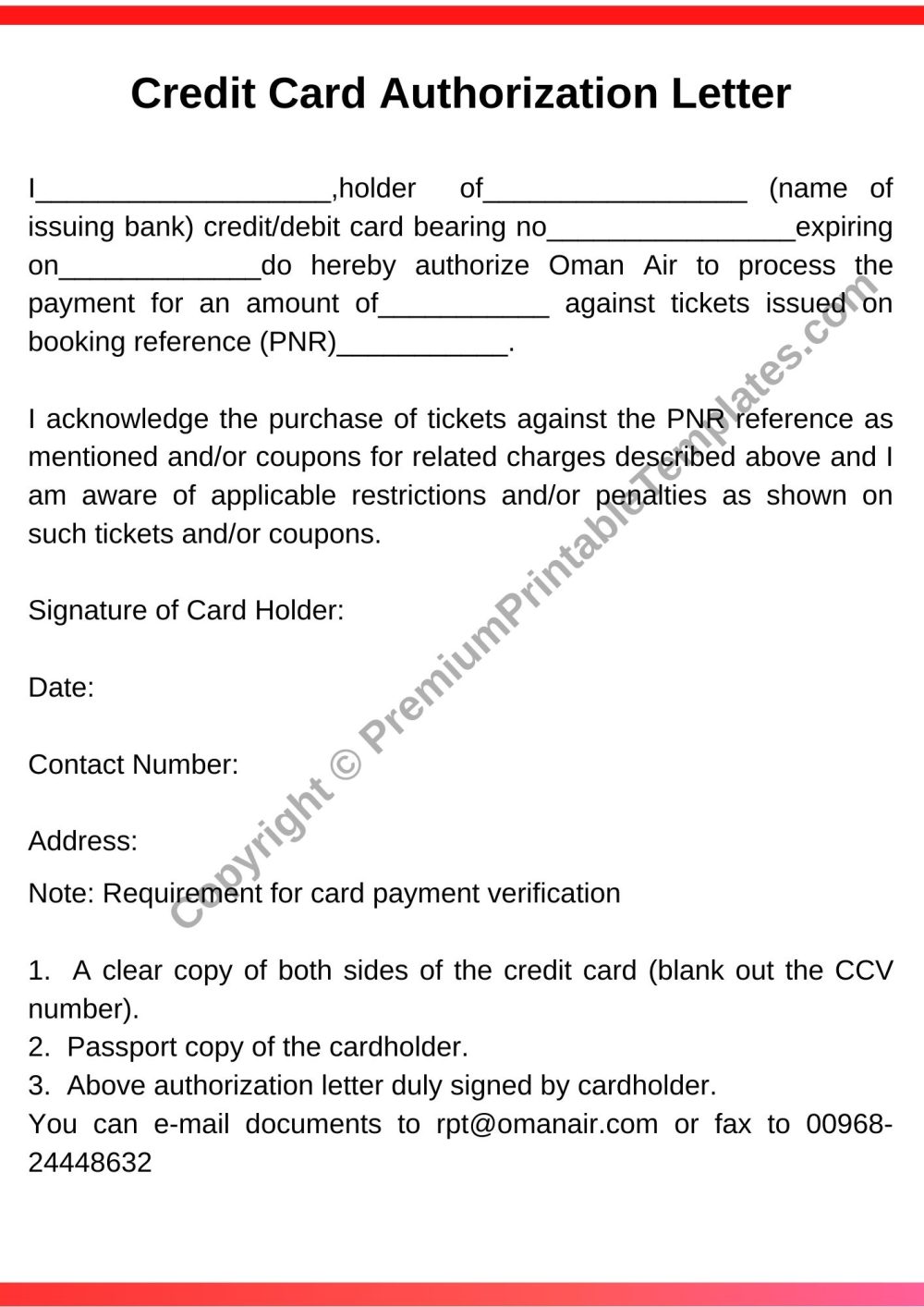 Printable Credit Card Authorization Letter