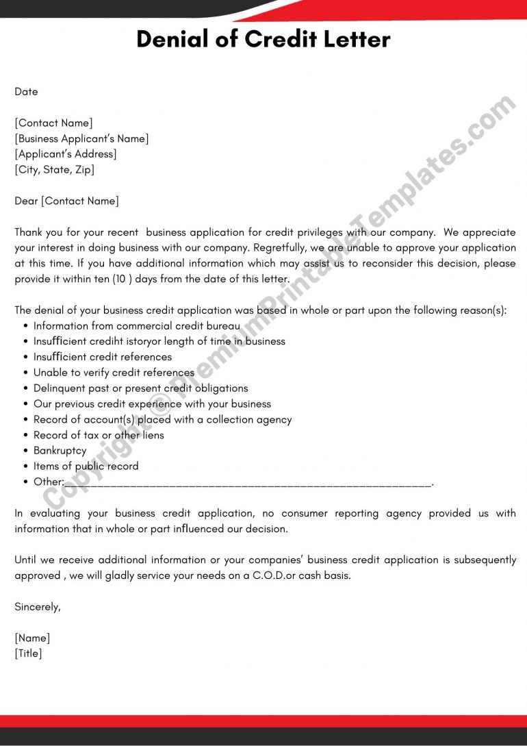 Credit Denial Letter Printable Template[Pack of 5]