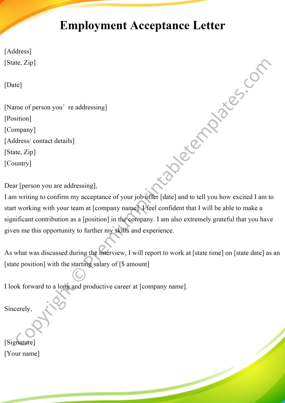 Printable Employment Acceptance Letter