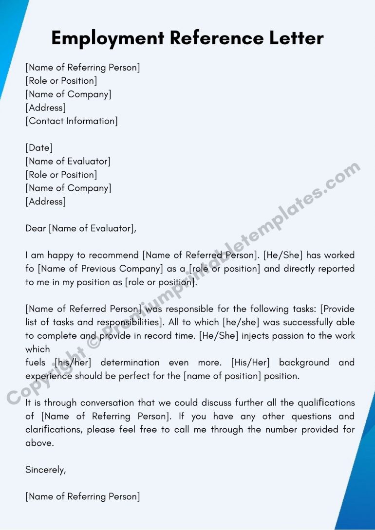 Printable Employment Reference Letter