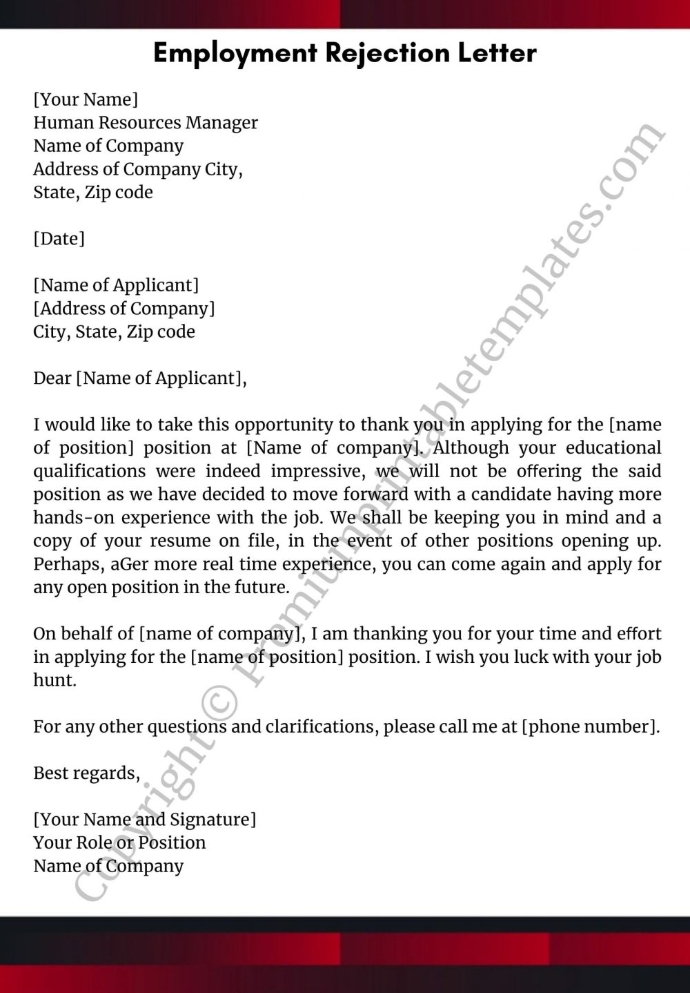 Printable Employment Rejection Letter