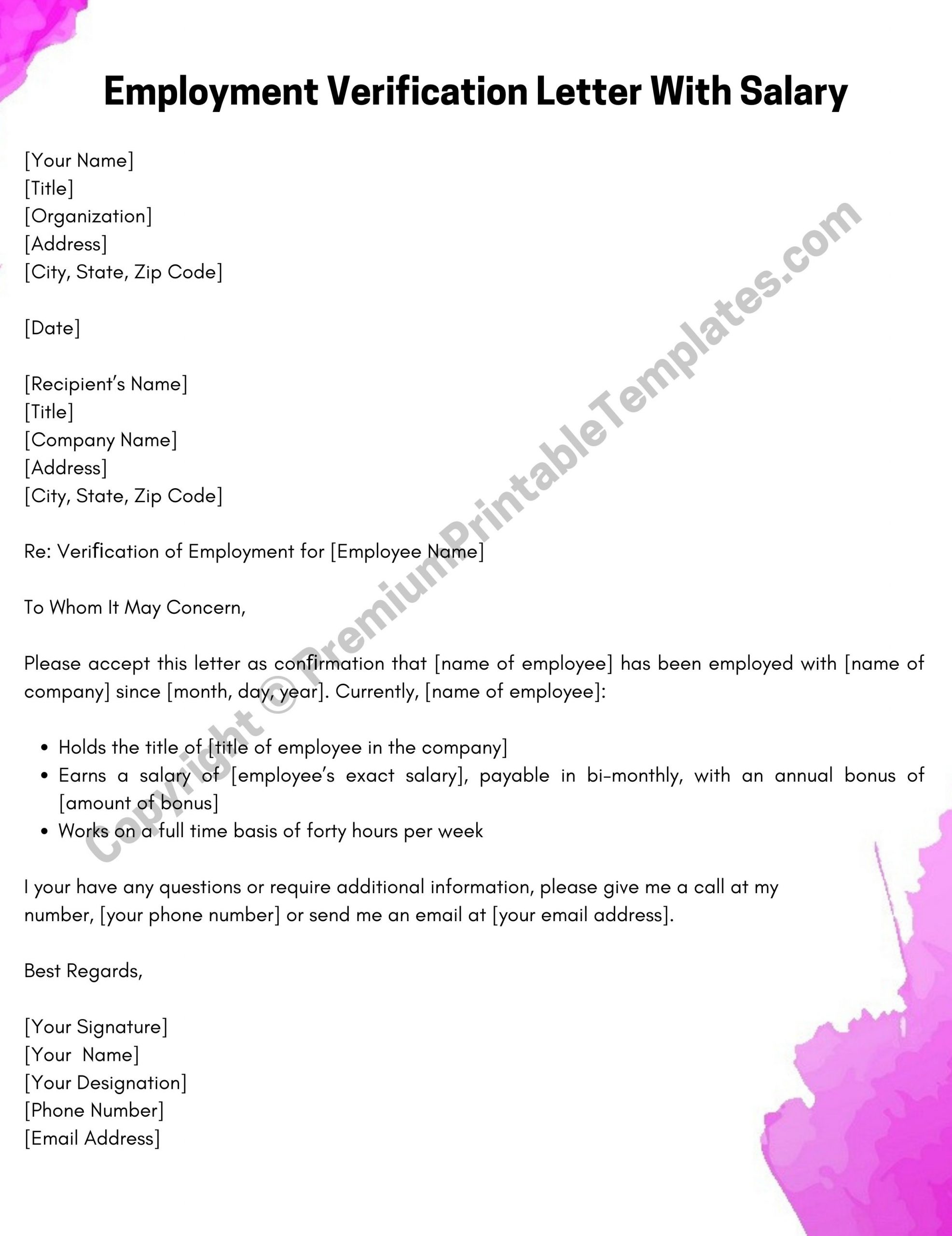 employment verification letter with salary pack of 5