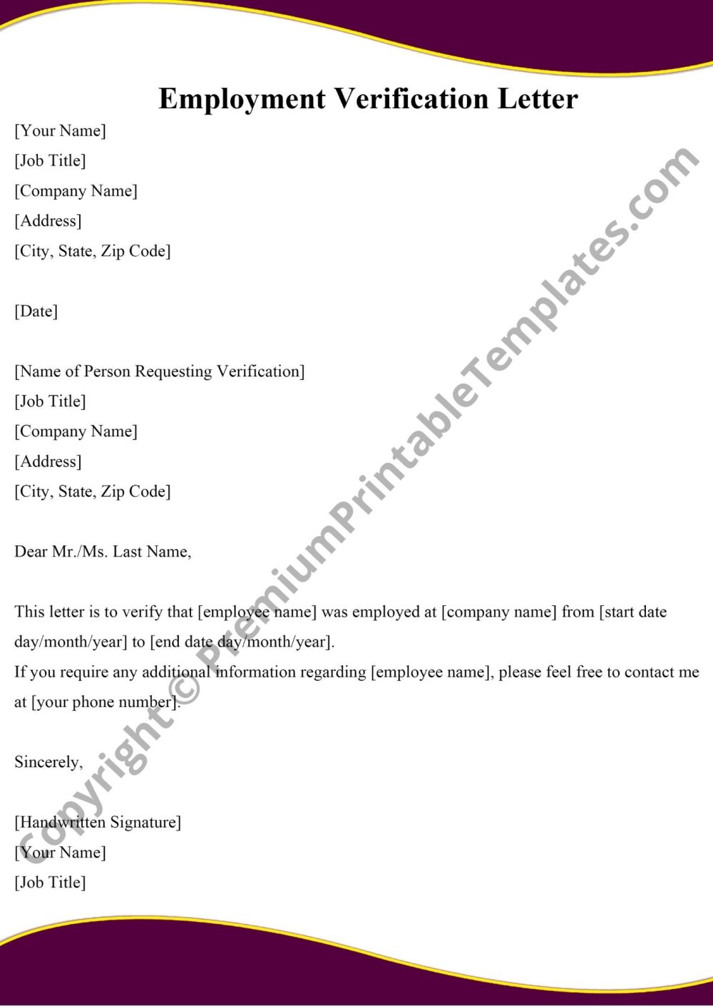 Printable Employment Verification Letter