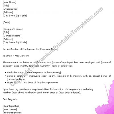 Printable Employment Veriﬁcation Letter With Salary