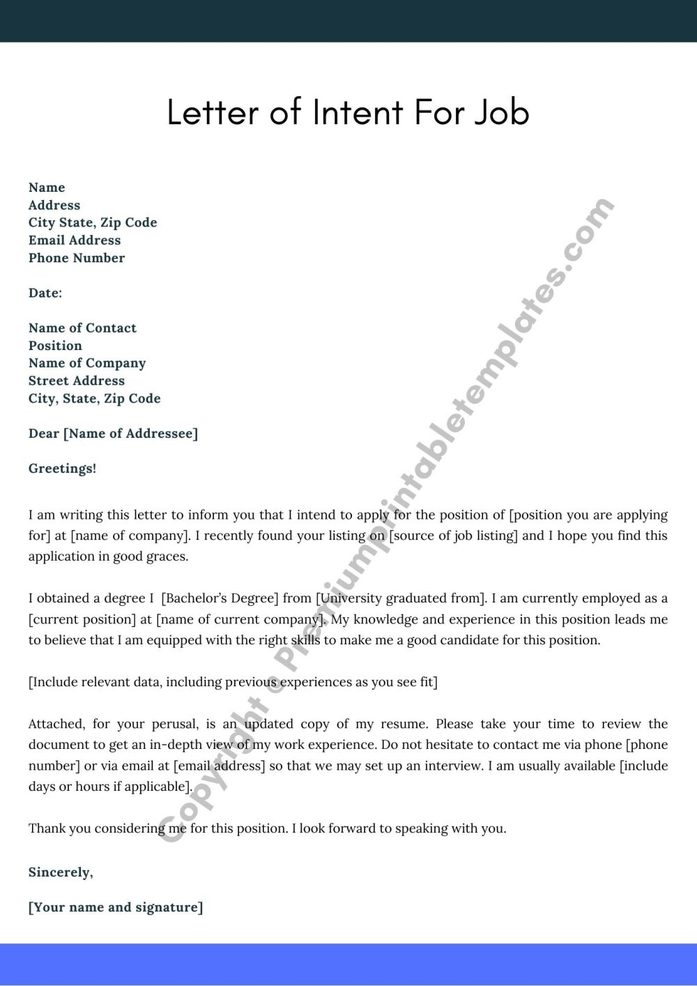 Printable Letter of Intent