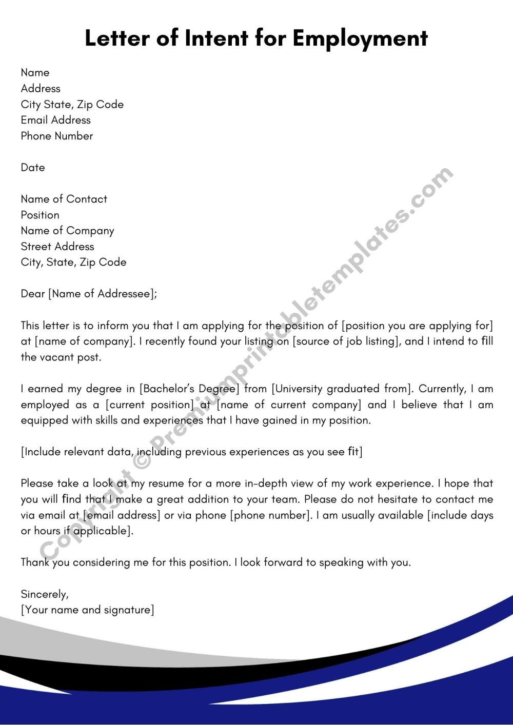 Printable Letter of Intent for Employment