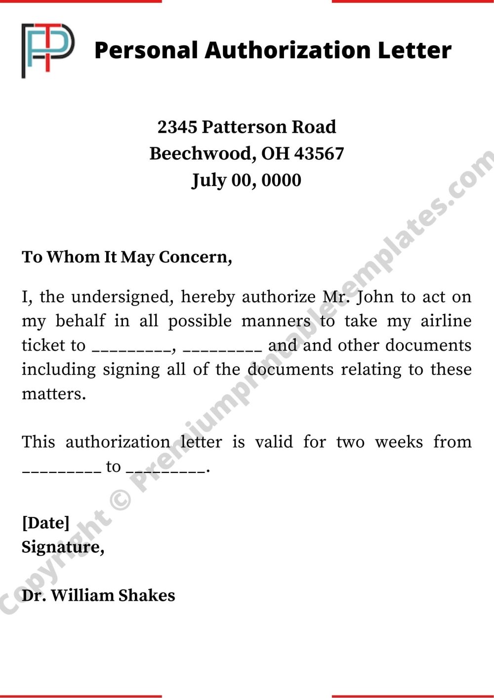 Printable Personal Authorization Letter