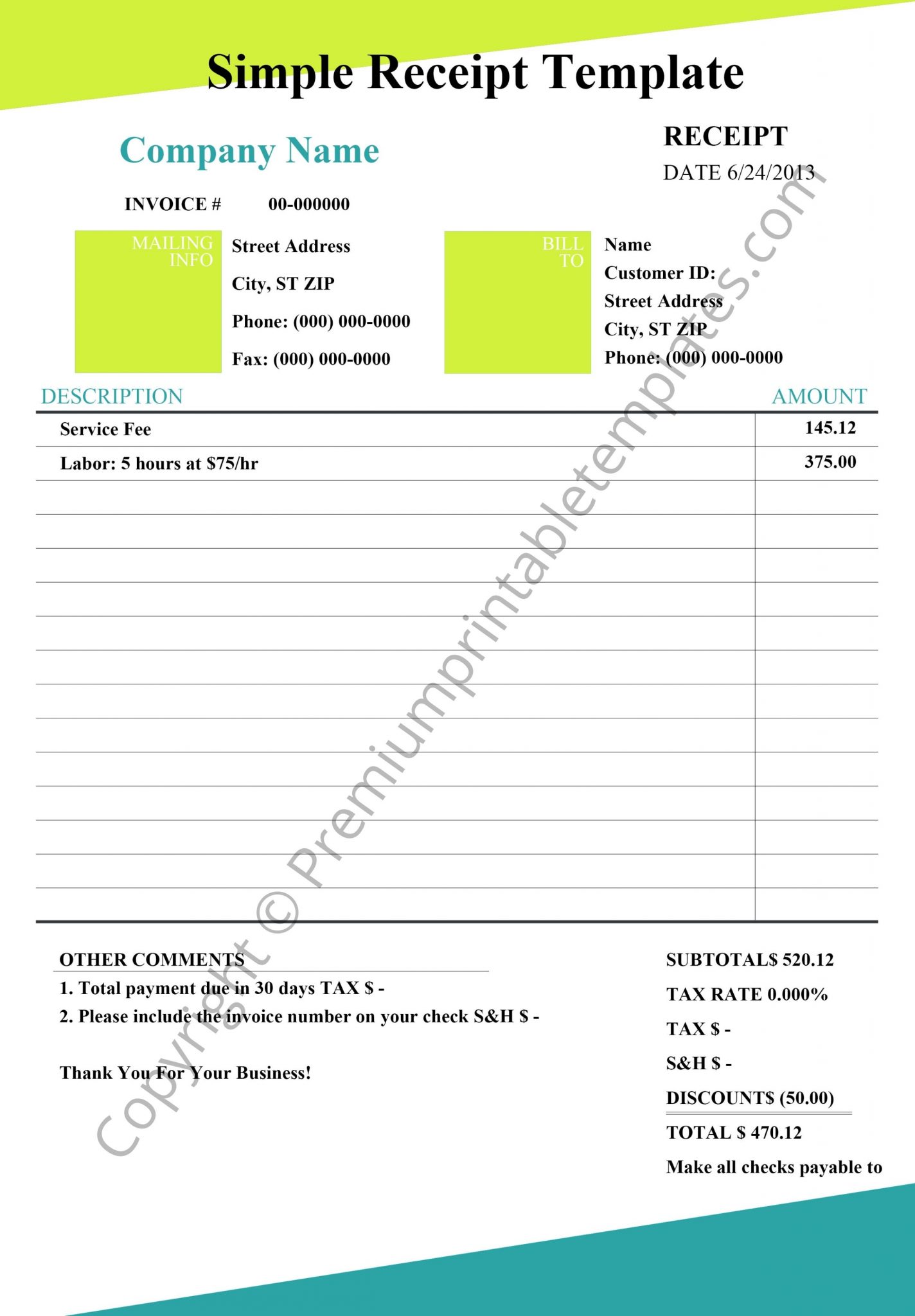 Simple Receipt Template Printable Template in PDF & Word [Pack of 5]