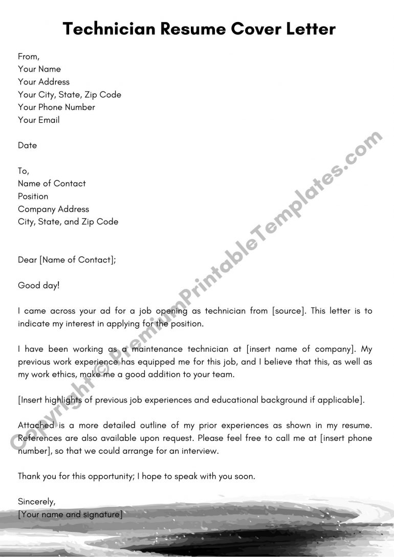 Printable Technician Resume Cover Letter