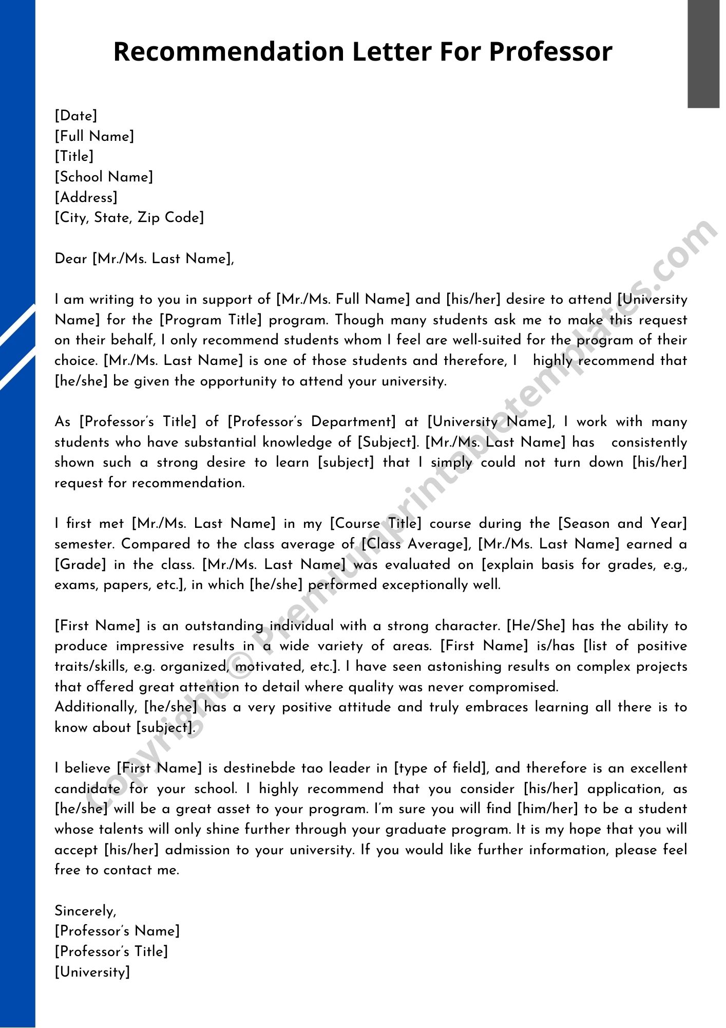 Recommendation Letter From Professor Pack Of 5 