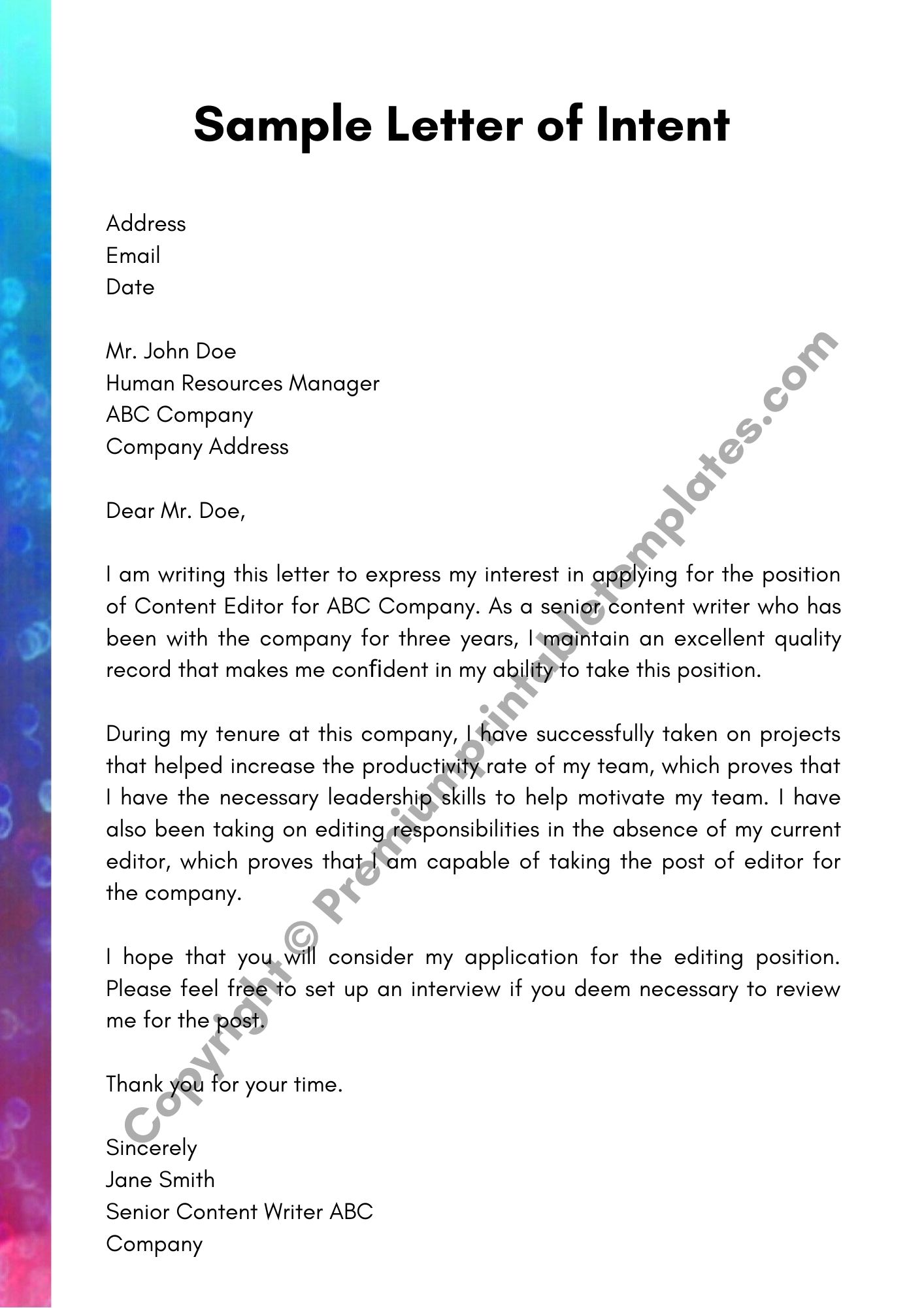 Simple Letter Of Intent Template Pdf And Word Pack Of 5 