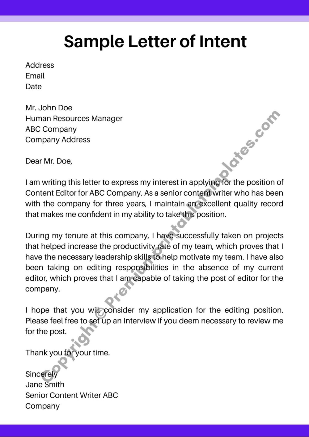 Sample Letter of Intent Word
