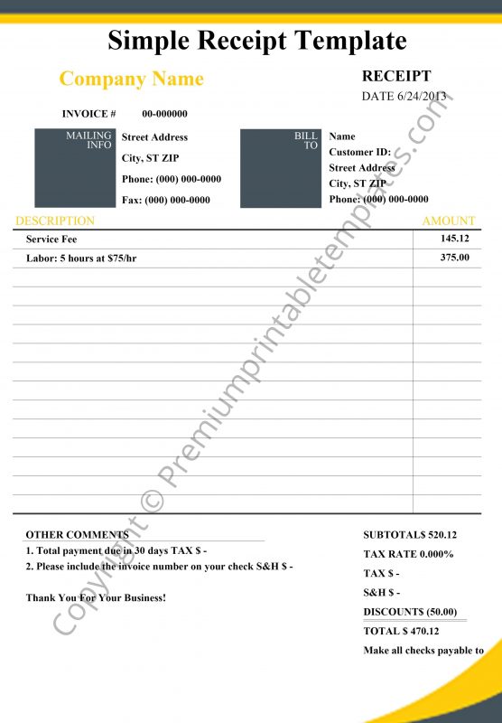 Simple Receipt Template Printable Template in PDF & Word [Pack of 5]