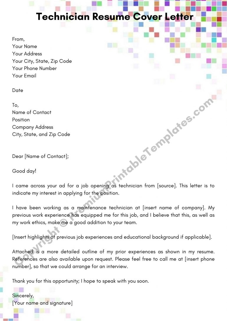 Technician Resume Cover Letter Template