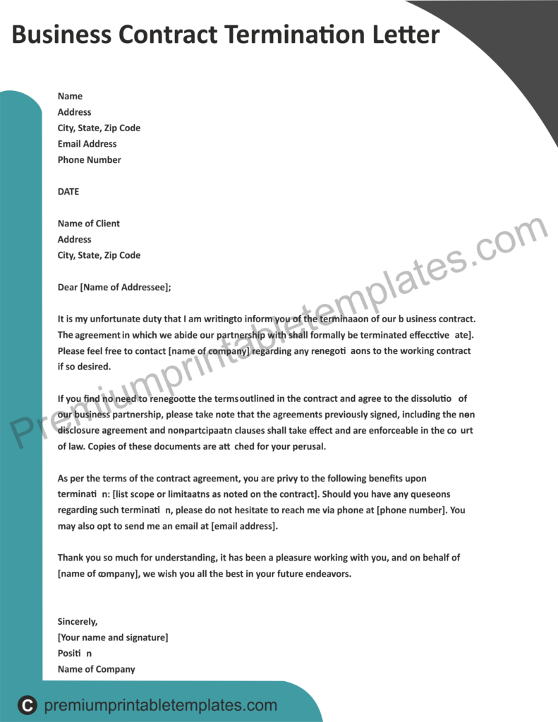 Business Contract Termination Letter [Pack of 5]