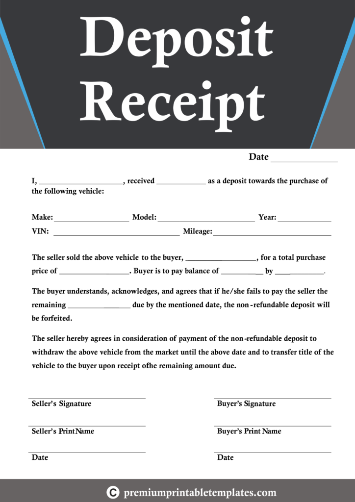 deposit receipt template pack of 5 premium printable