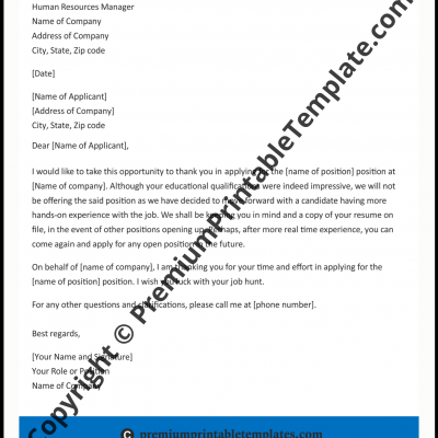 Rejection Letter Printable Template | Editable