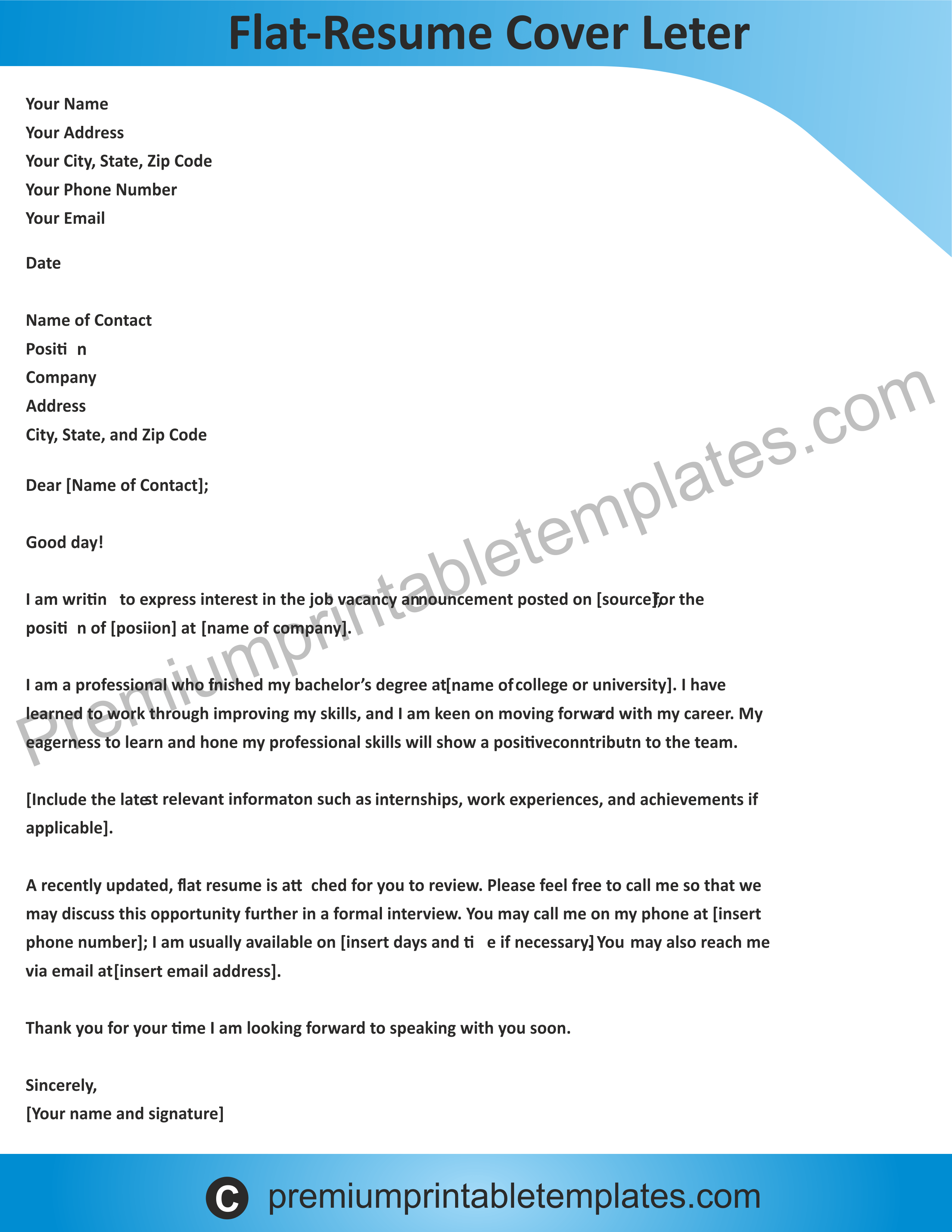 Resume Cover Letter Template from premiumprintabletemplates.com