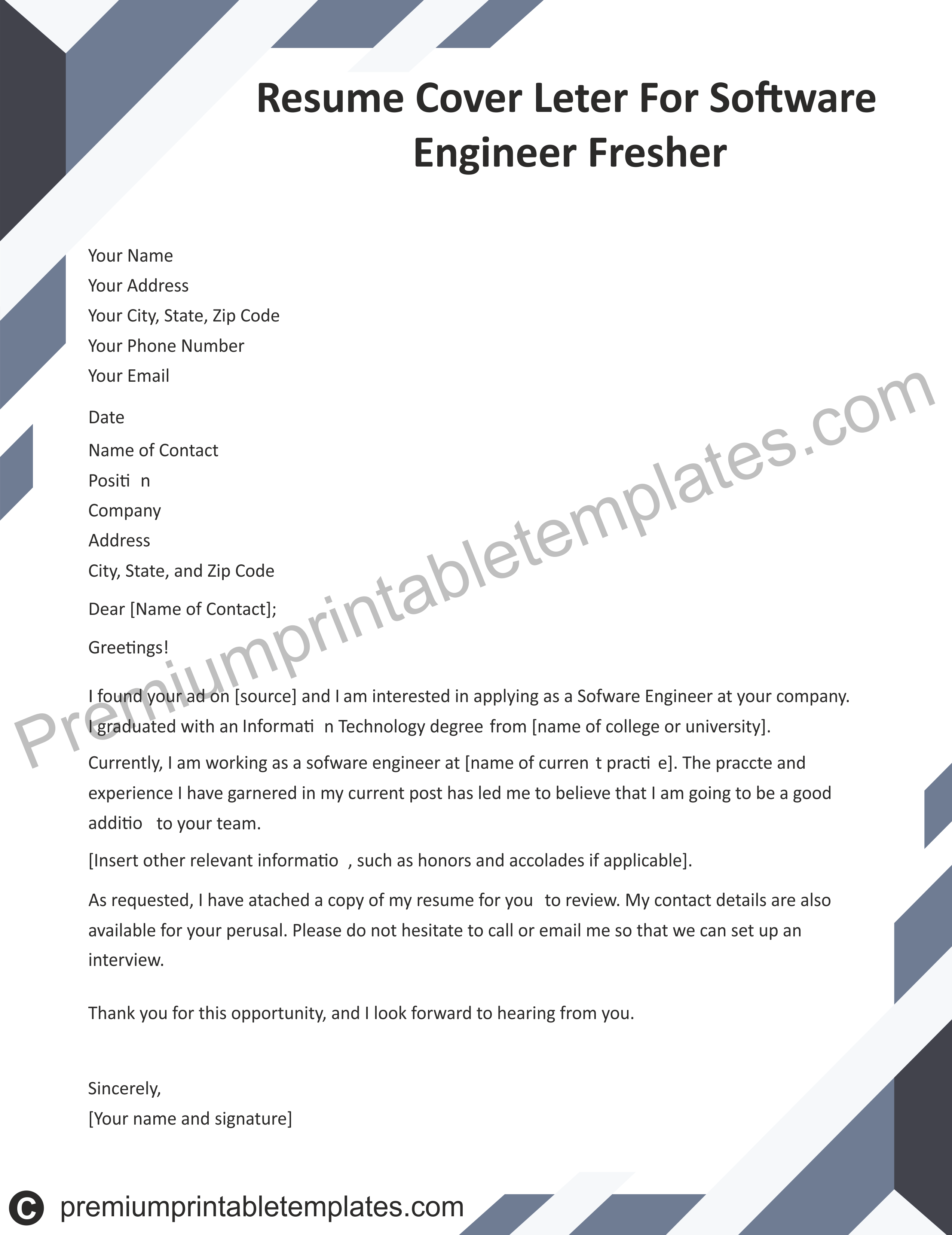 Cover Letter For Resume Fresher Software Engineer | Cover Letter