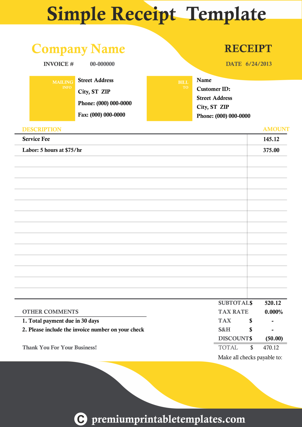 Simple Receipt Template Printable Template In Pdf & Word [pack Of 5]