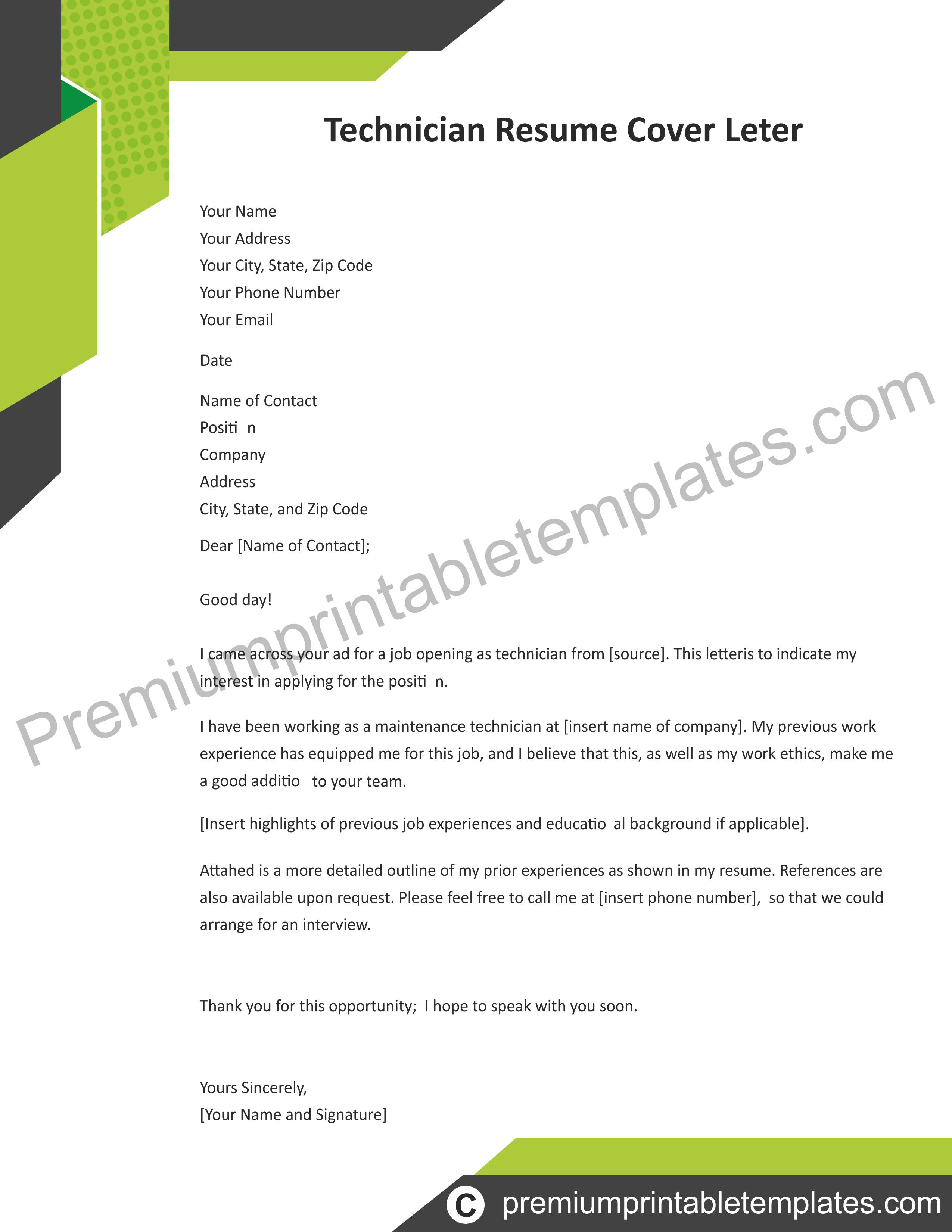 Application Cover Letter For Post Of Technician Pack Of 5 Premium Printable Templates