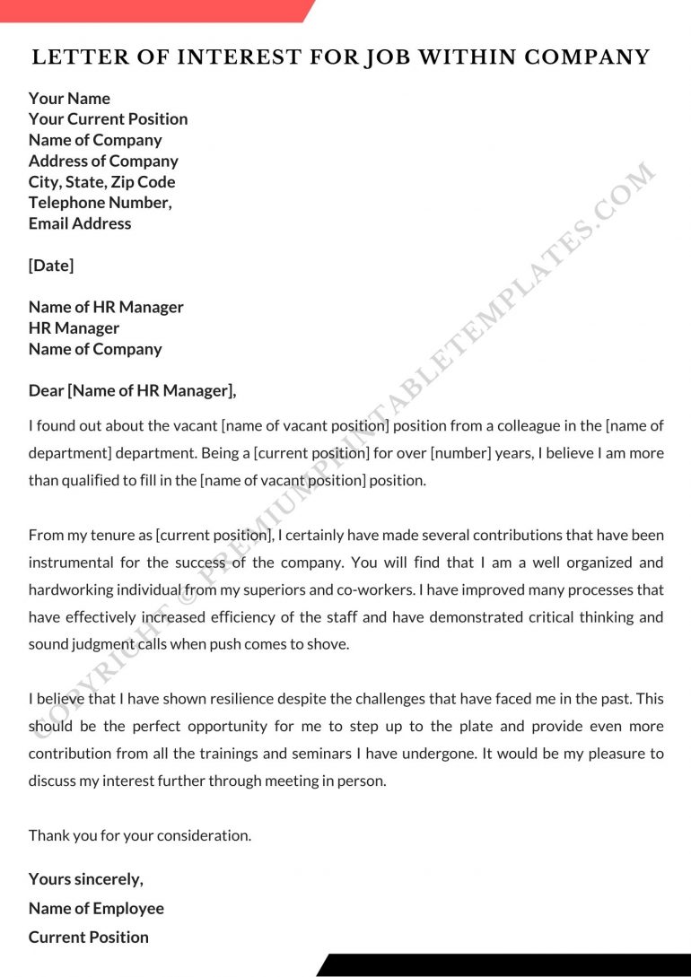 Printable Letter of Interest For Job within company