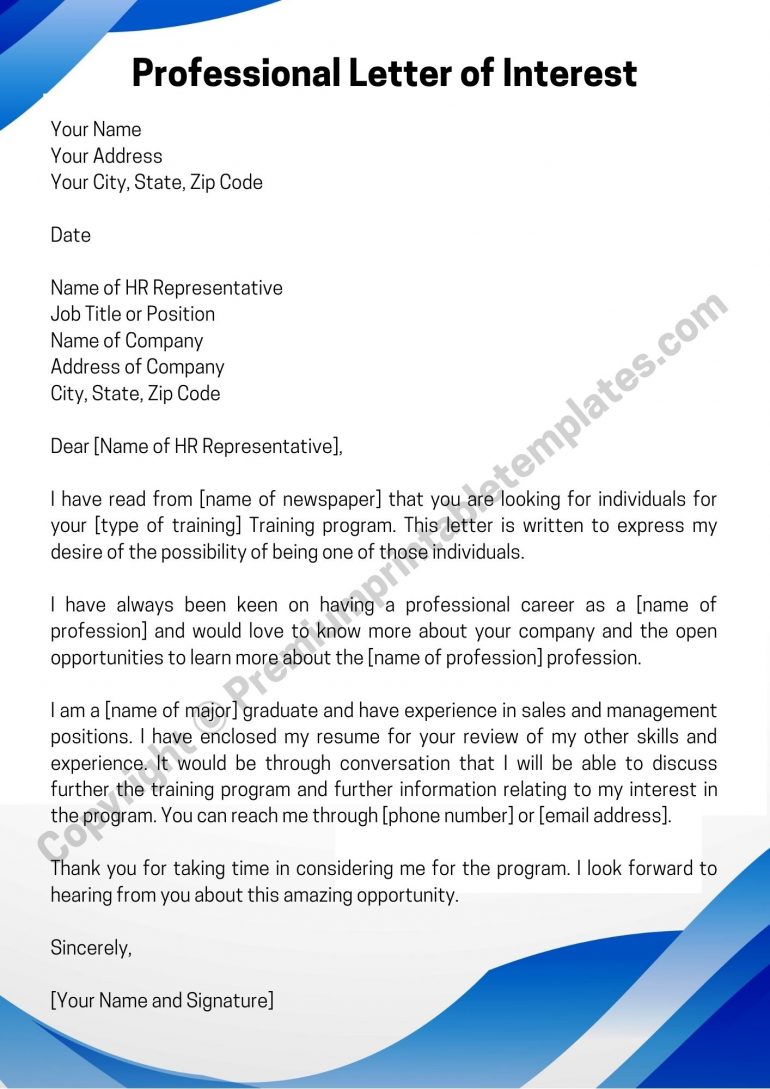 Professional Letter of Interest Printable Template [Pack of 5]