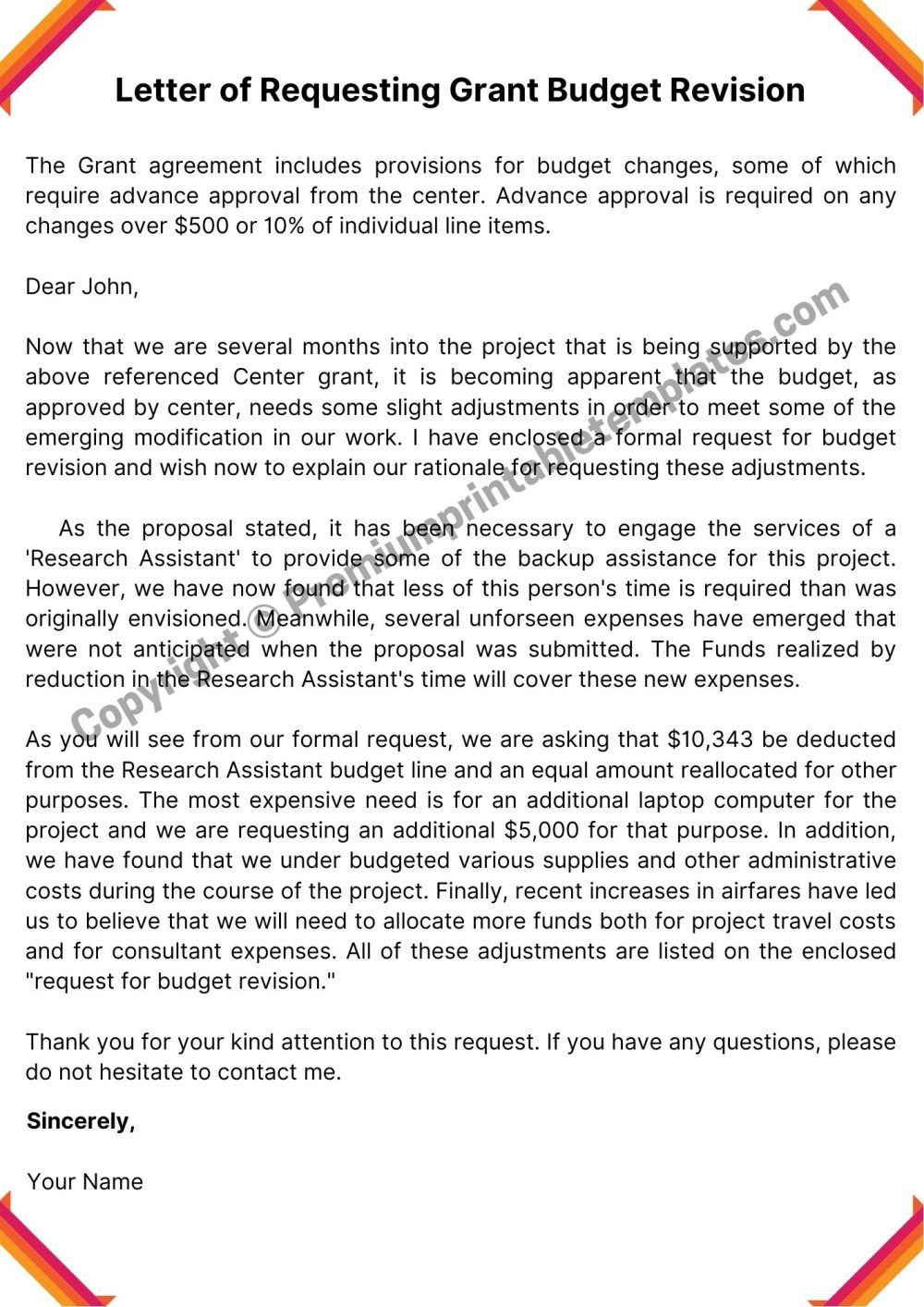Printable letter for Requesting Grant Budget Revision