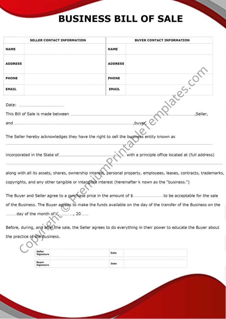Business Bill of sale Template